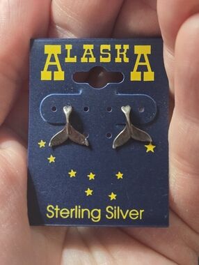 Vintage Alaska Sterling Silver Whale Tail Stud Earrings - New On Card